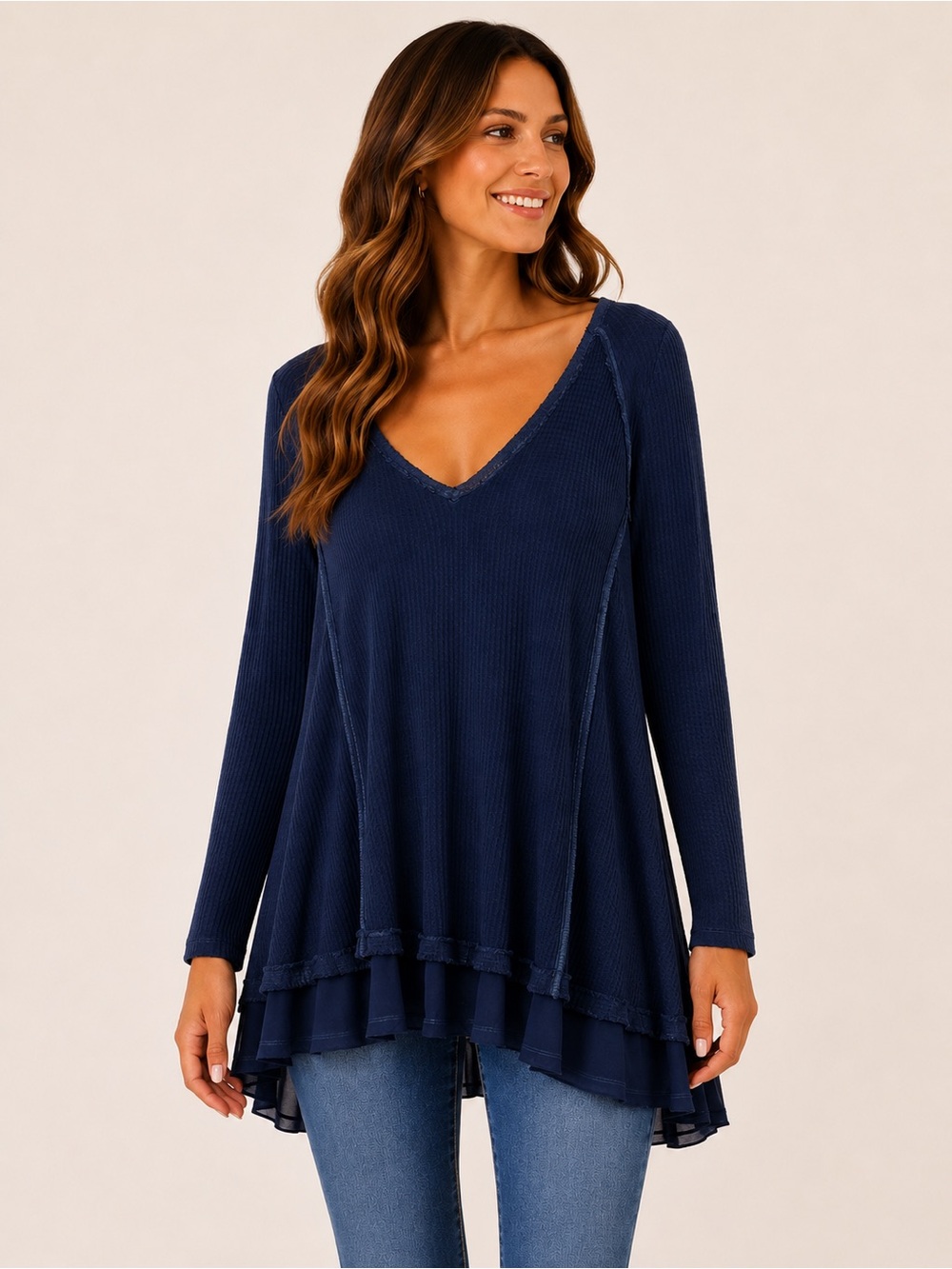 Free People Laguna Thermal Waffle Knit Oversized Tunic Top Blue Size L
